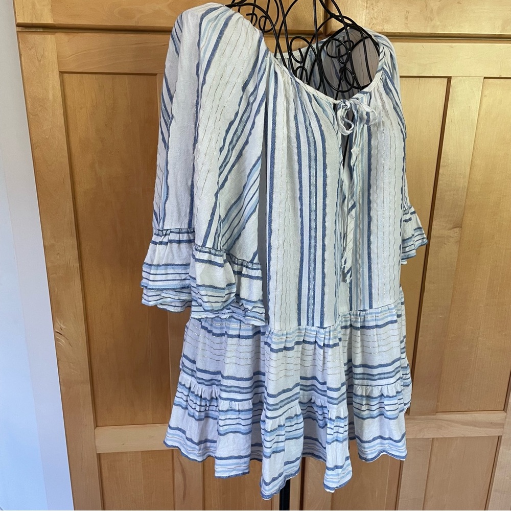 Cato blue and white striped with gold threads boho oversized swing Top size M - Picture 3 of 9